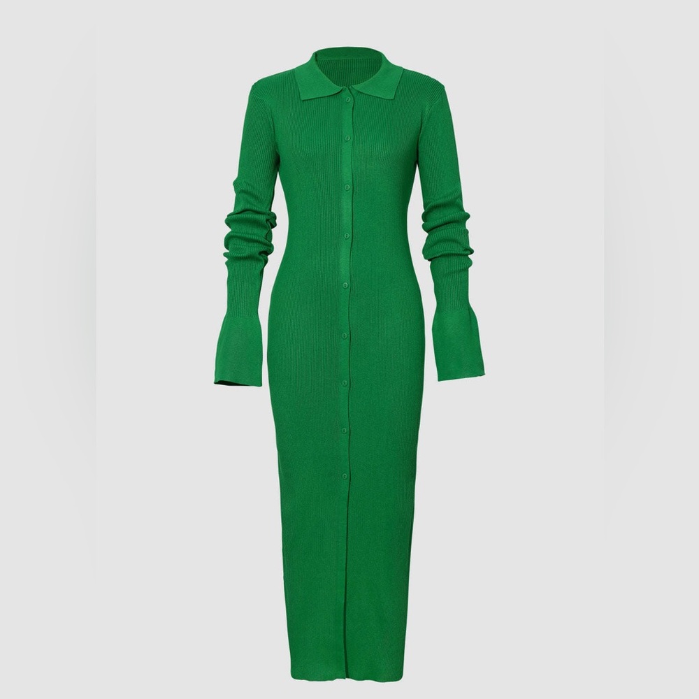 Shell Sleeve Ribbed Buttons Down Maxi Dress, forest green color Size M